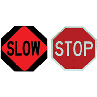Panneau de signalisation à deux côtés « Stop/Slow », 18" x 18", Plastique, Anglais avec pictogramme SEI475 | Pronet Distribution